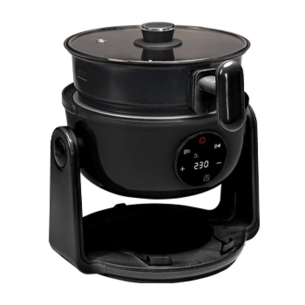 A black air fryer and hob.