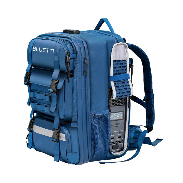 Blue backpack with BLUETTI 1 inside on a white background