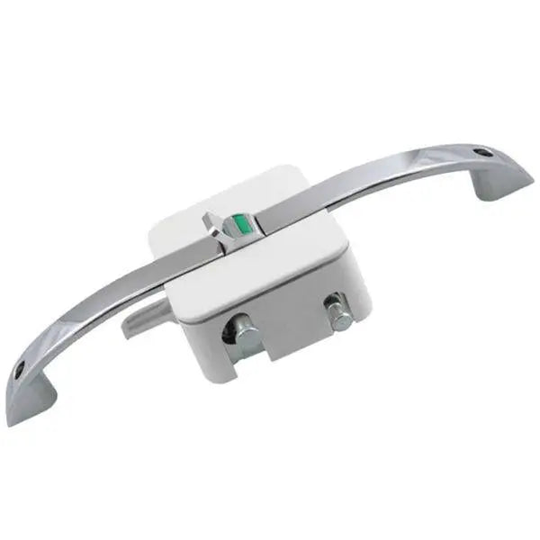 A white and chrome Roller Team habitation door dual handle kit.