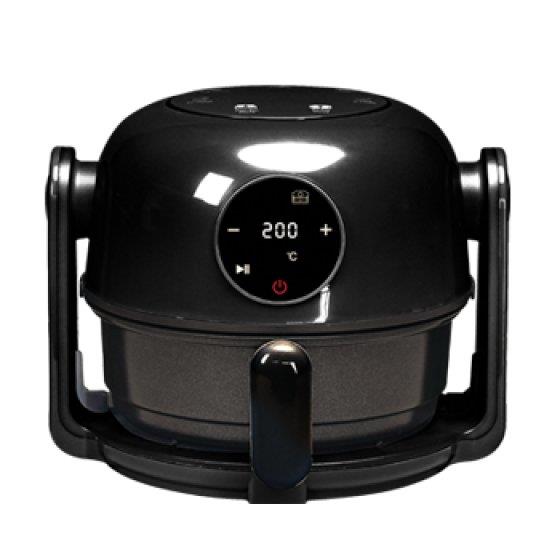 A black air fryer and hob.