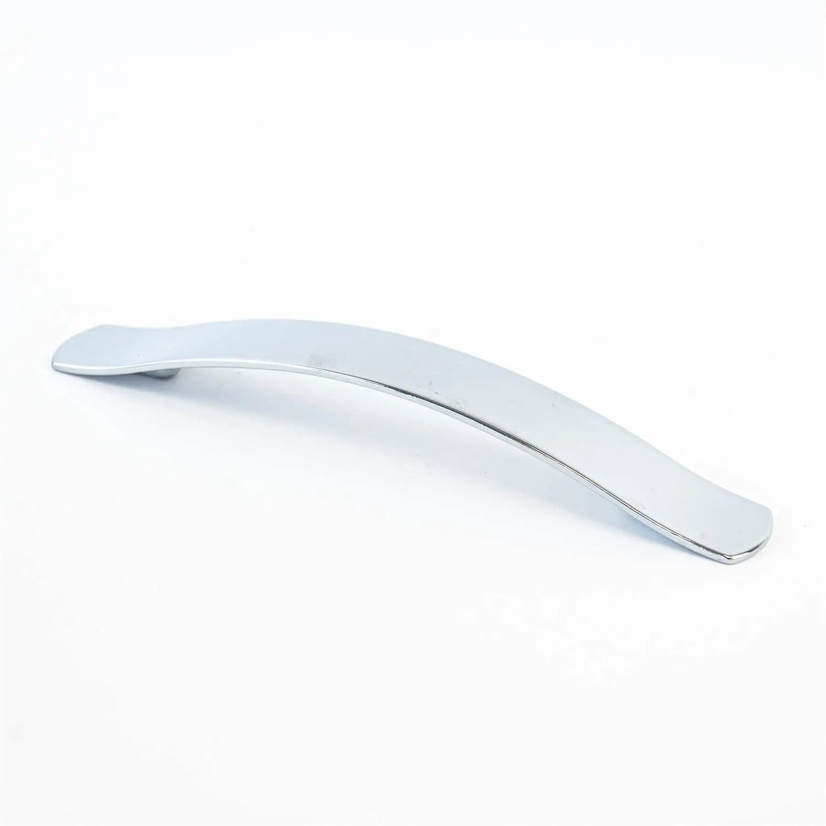 A silver S-shaped Roller Team motorhome cupboard door handle.