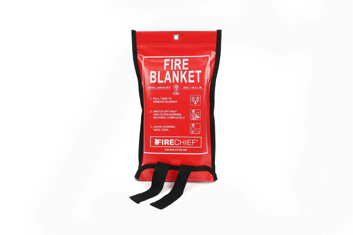 A red fire blanket in a soft red case.