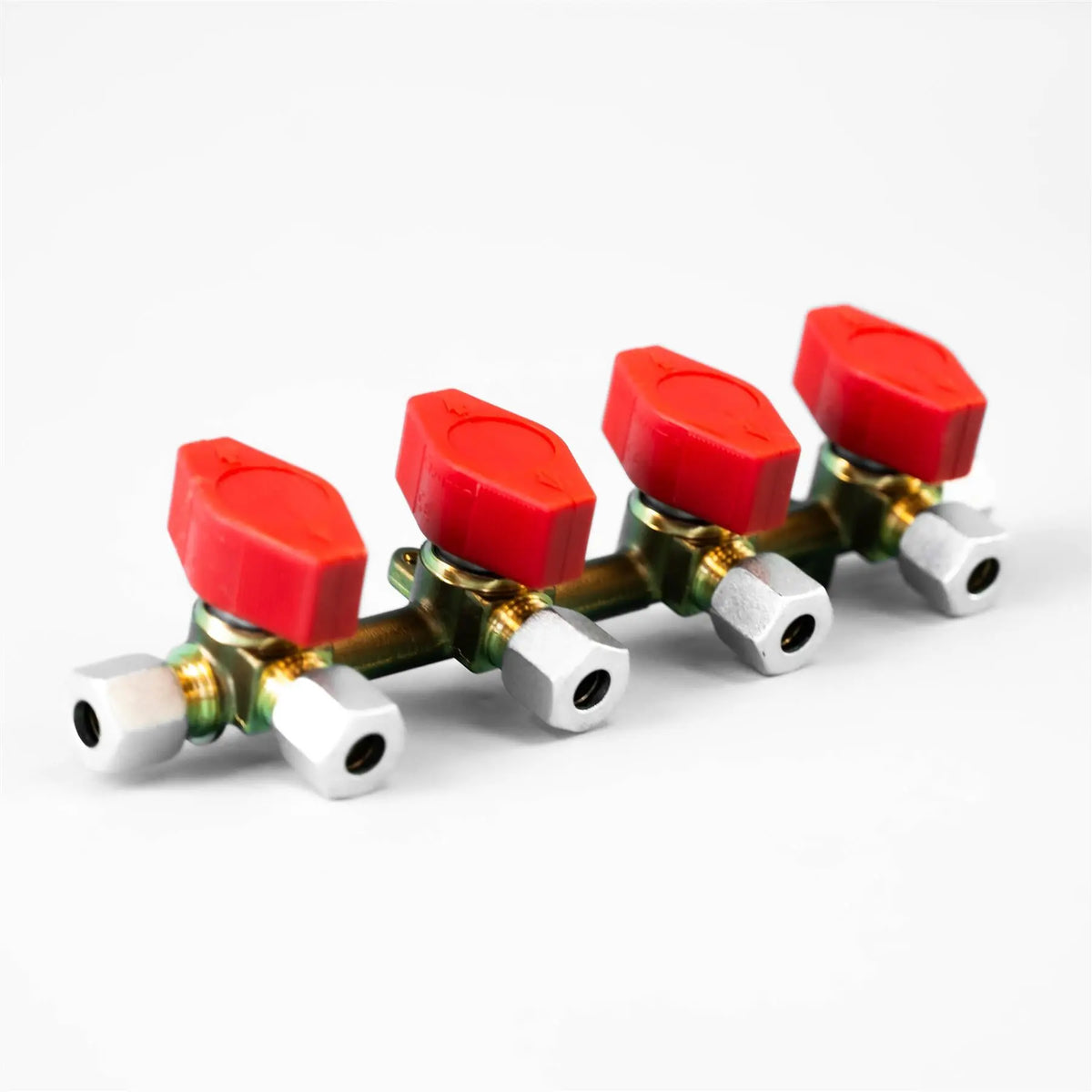 A red and white Dethleffs motorhome four-way Truma gas isolation valve.