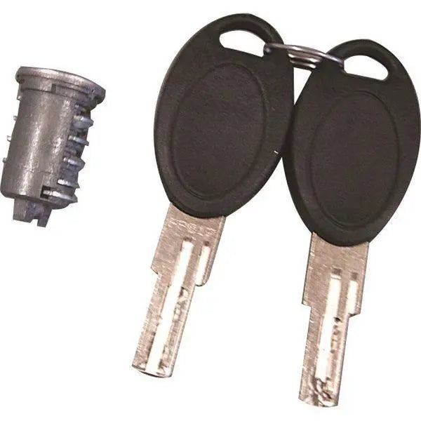 A Roller Team motorhome lock barrel and two keys.