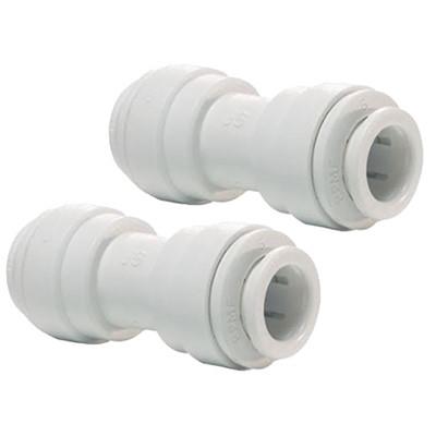 Two white pipe connectors on a white background
