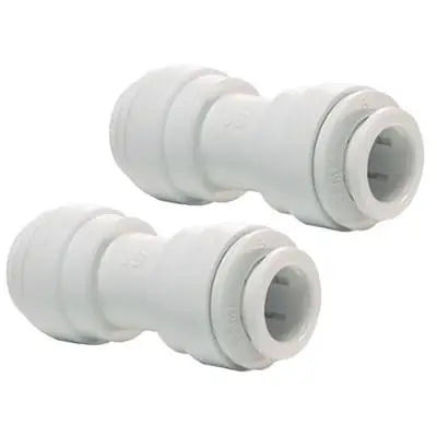 Two white pipe connectors on a white background