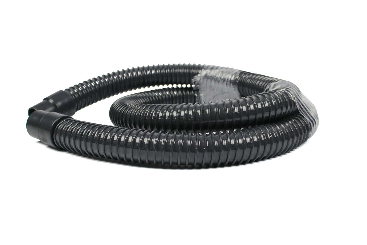 A black Dethleffs motorhome wastewater hose.