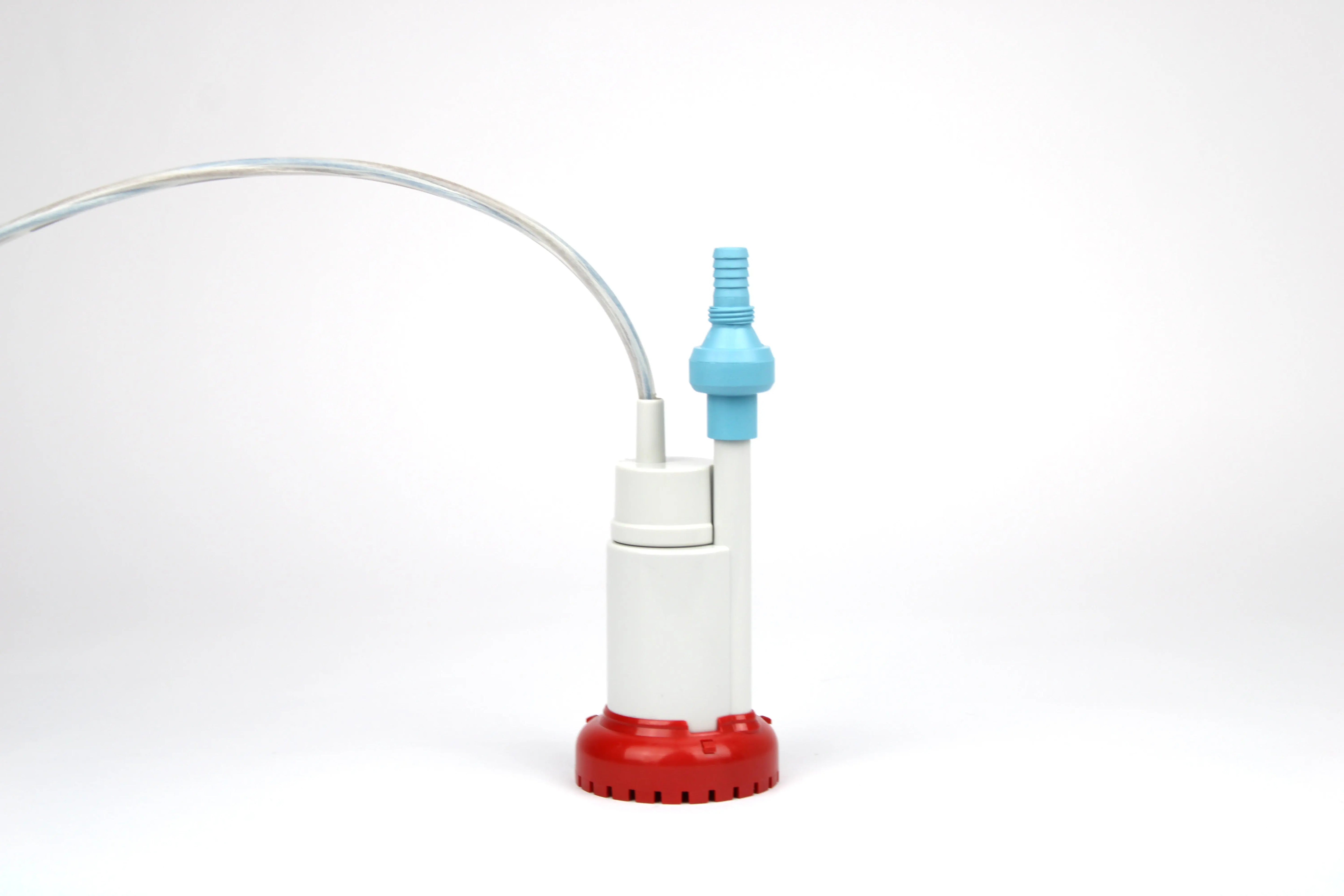 A white, red, and blue Dethleffs motorhome Comet Lux Plus submersible water pump.