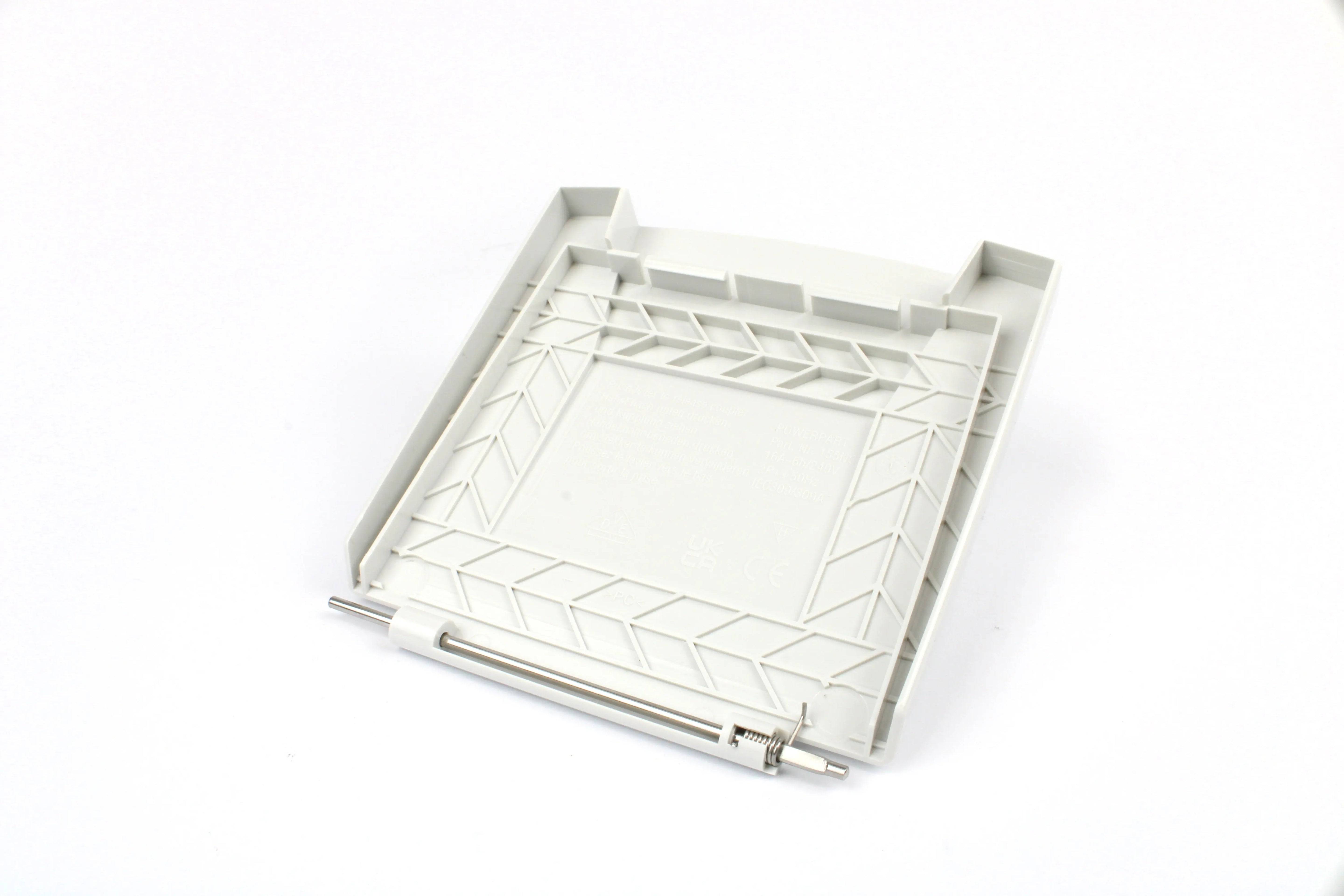 A white Dethleffs motorhome electrical inlet cover.