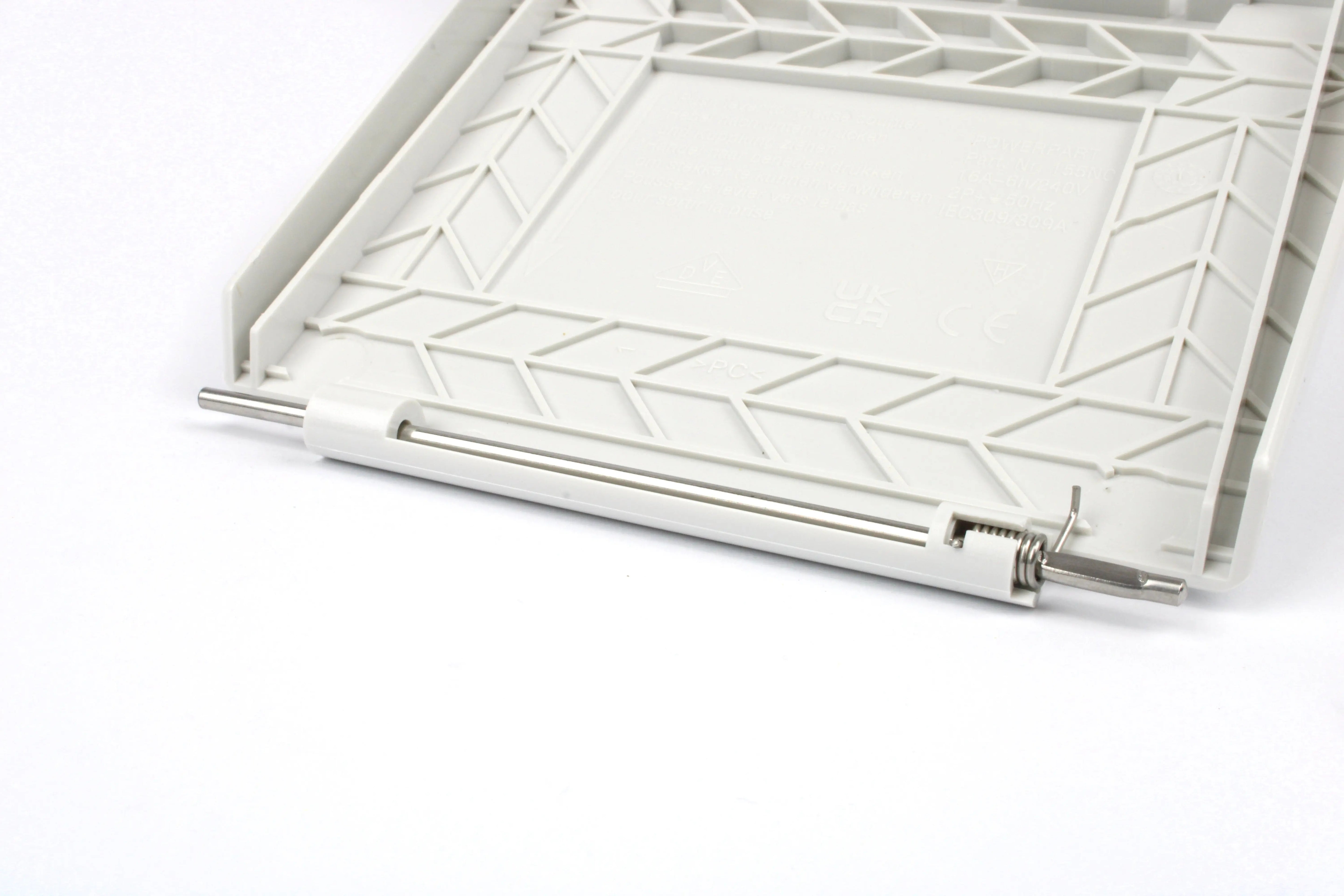 A white Dethleffs motorhome electrical inlet cover.