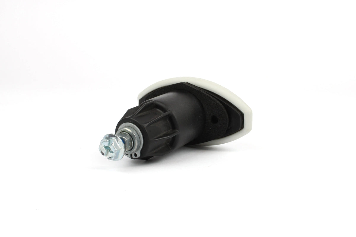 A white Roller Team motorhome locker door handle.