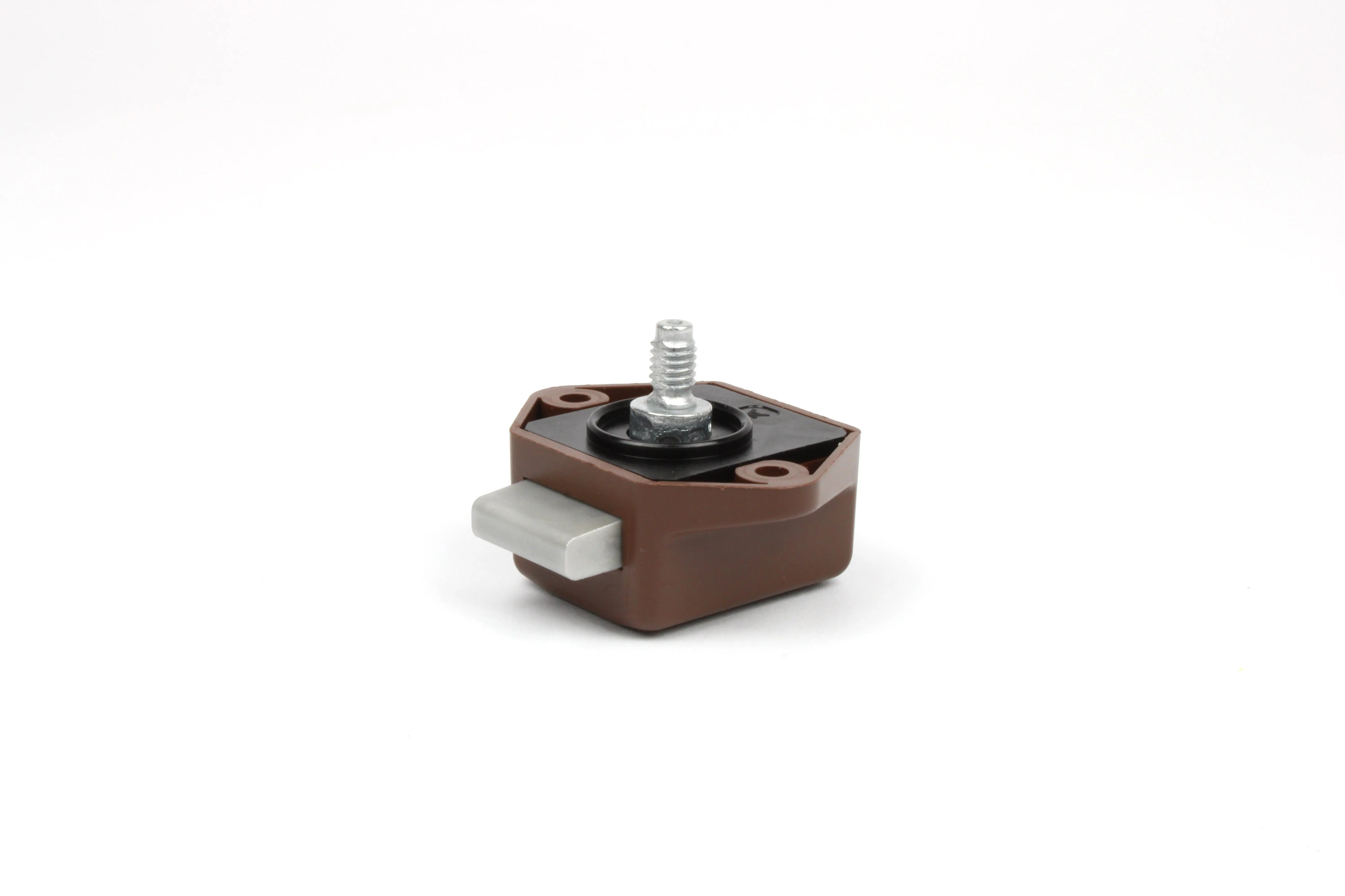 A brown Auto-Trail motorhome locker catch.