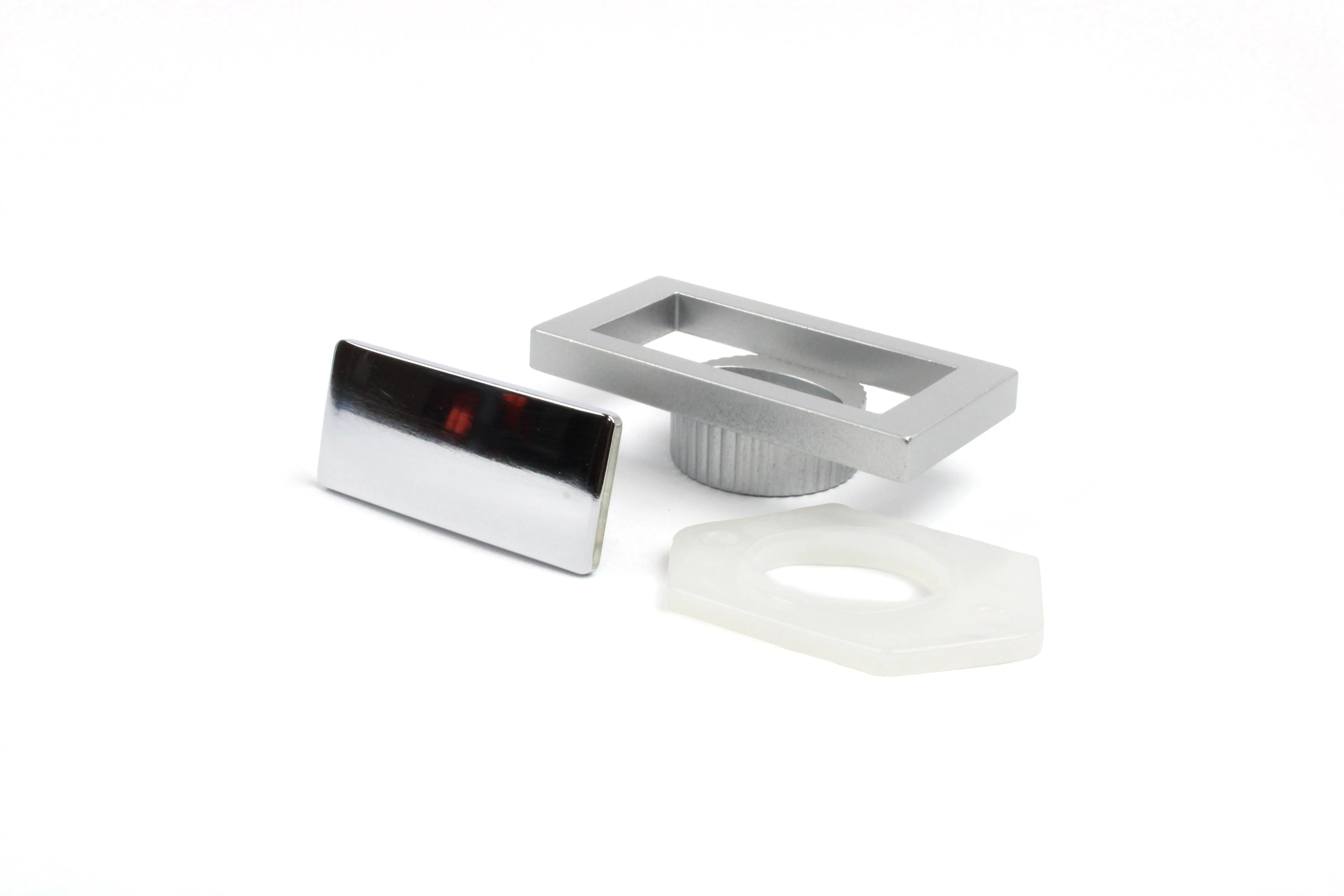 A metal Auto-Trail motorhome locker catch on a white background