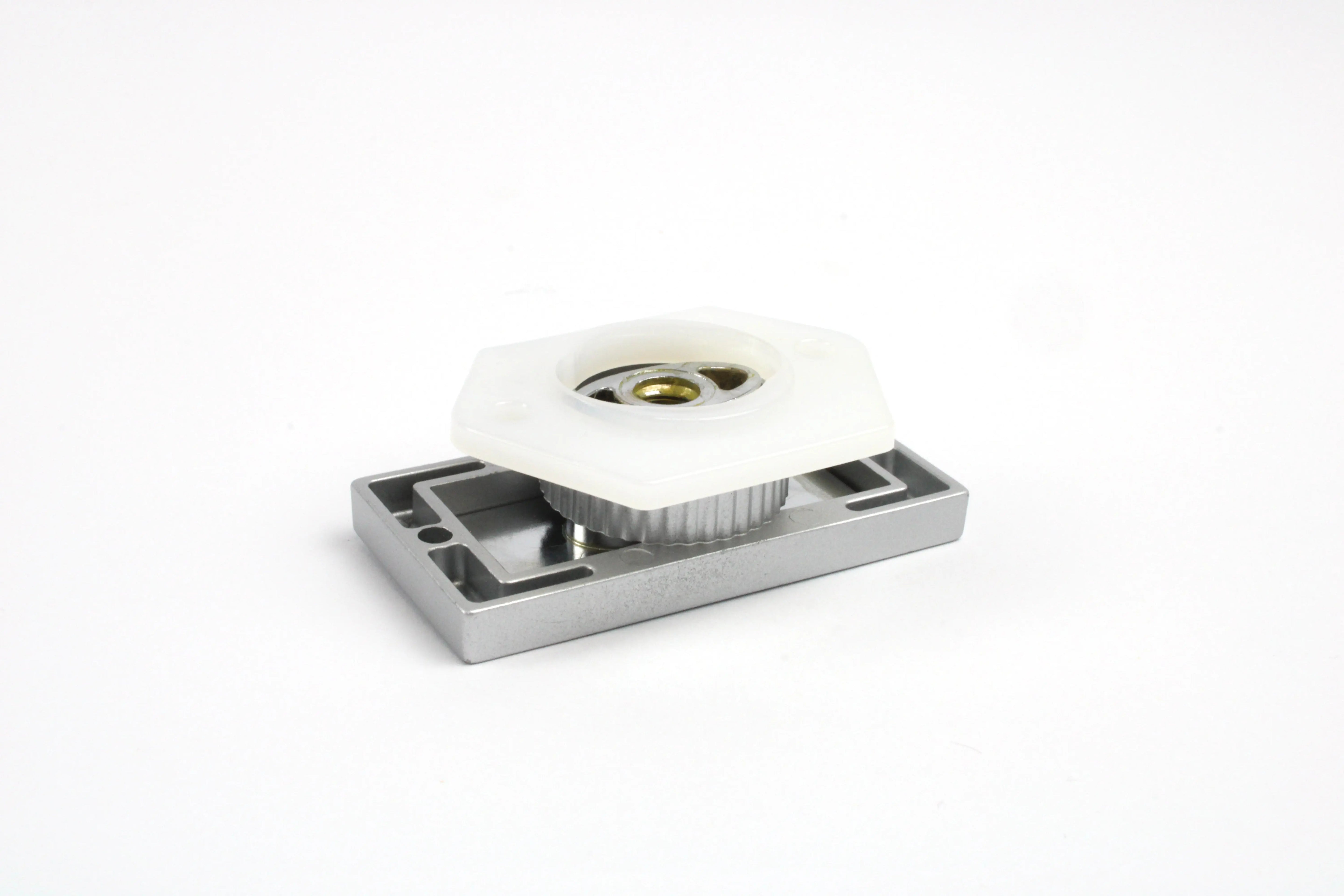 A metal Auto-Trail motorhome locker catch on a white background