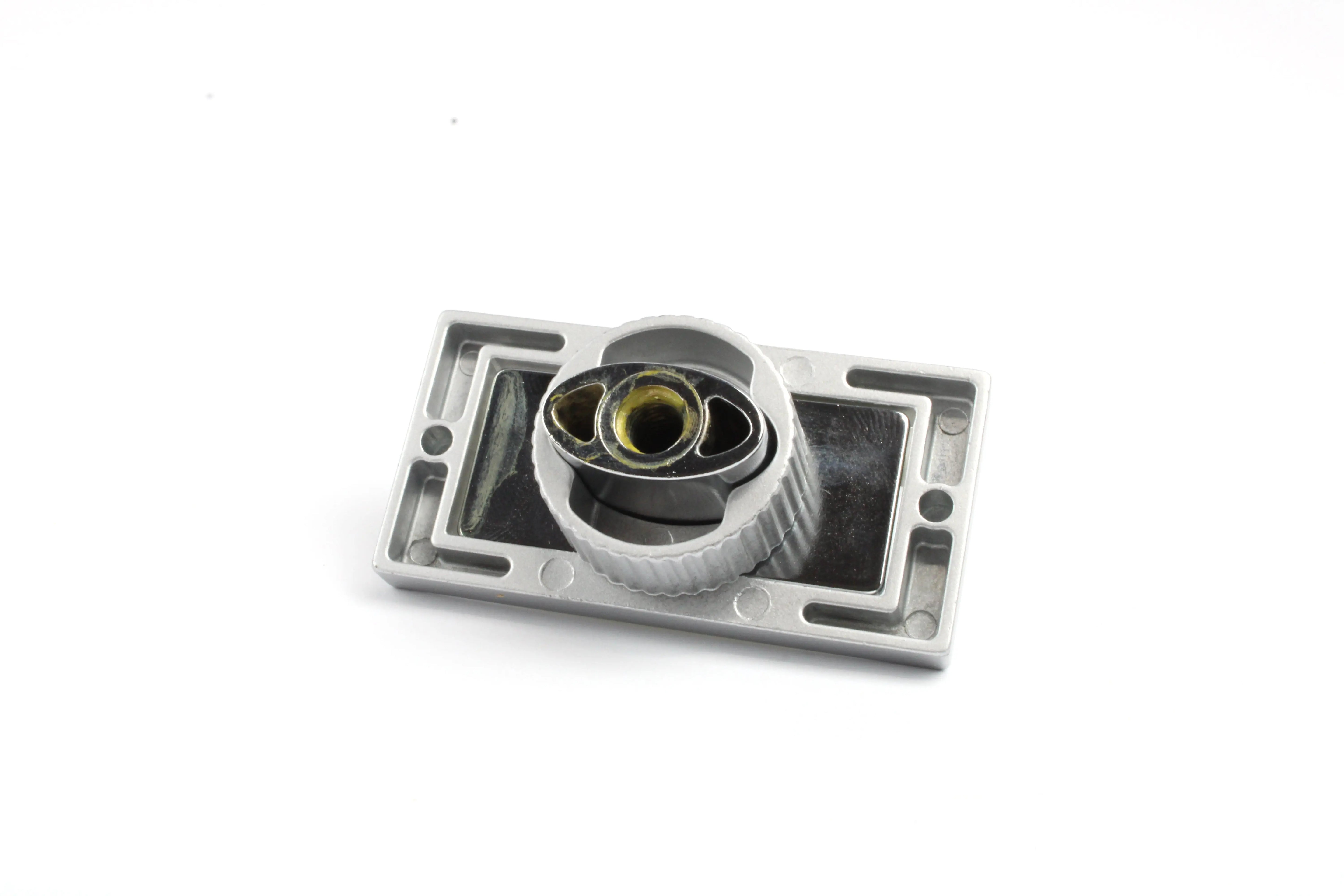 A metal Auto-Trail motorhome locker catch on a white background