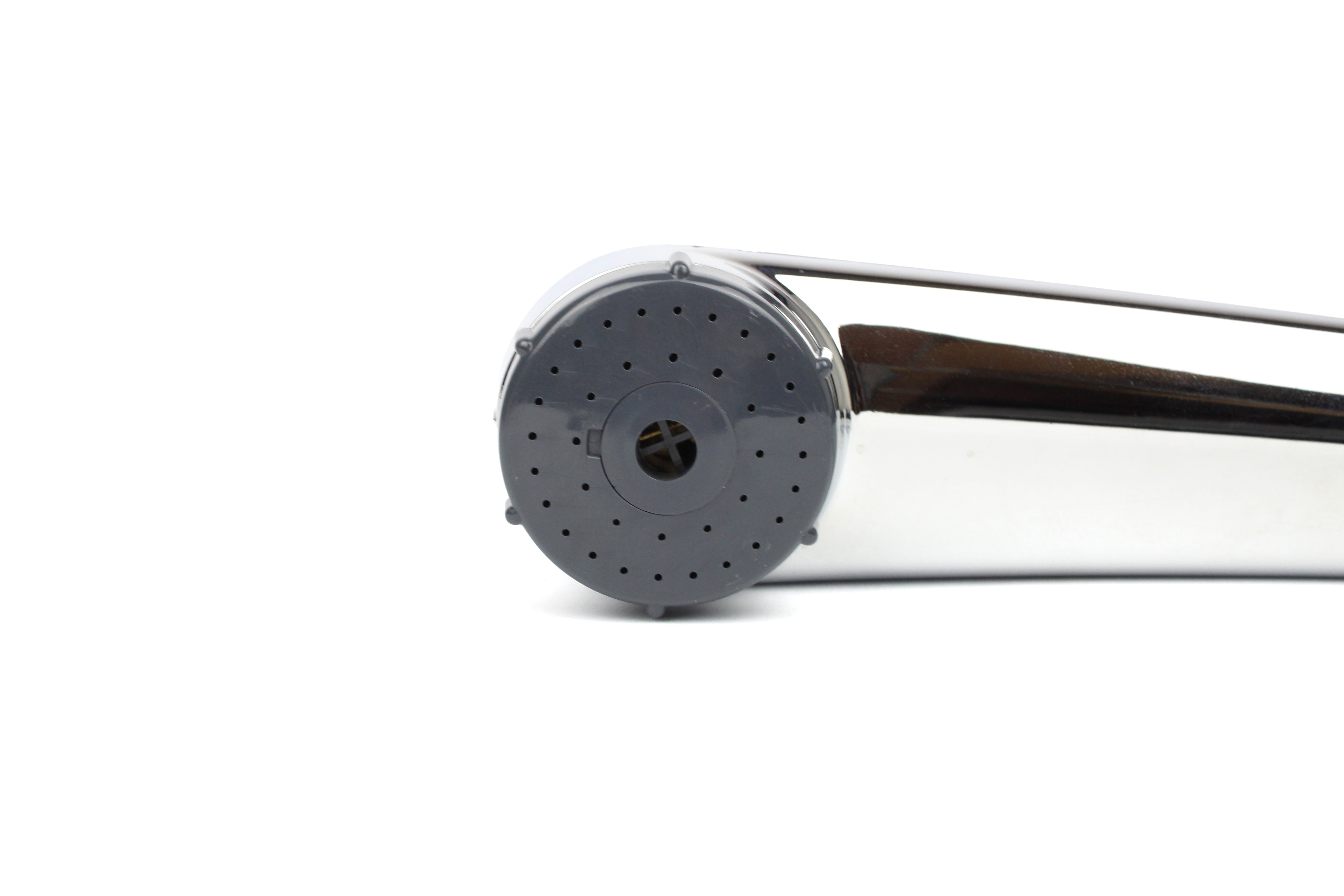 Chrome shower head on white background
