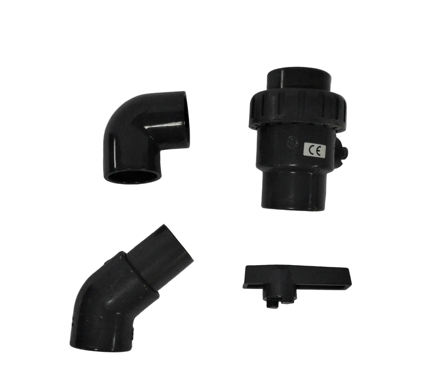 Four black plastic pieces that are part of an Auto-Trail motorhome waste water drain system.