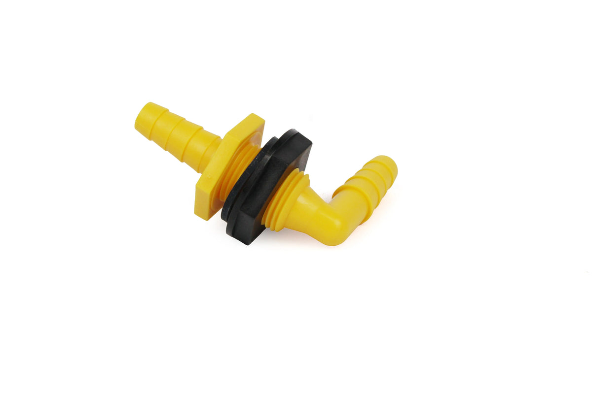 A yellow Dethleffs motorhome tank feed through.