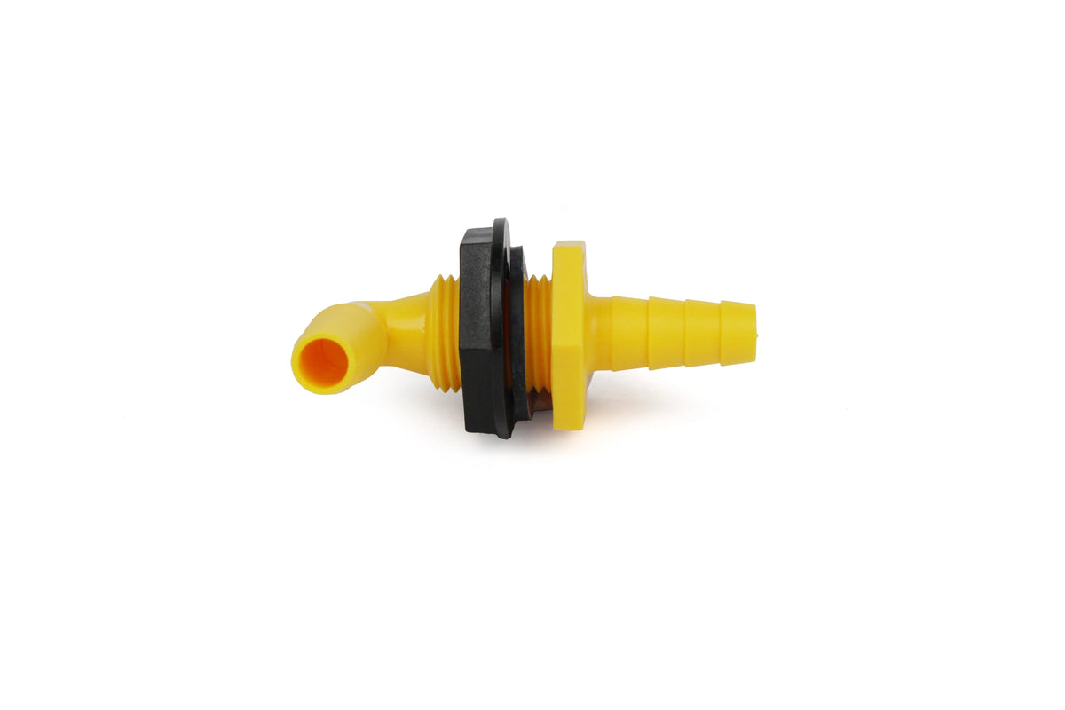 A yellow Dethleffs motorhome tank feed through.
