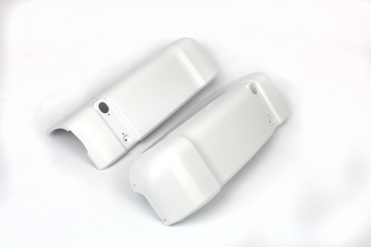 A pair of white Dethleffs Trend motorhome bumper end caps.