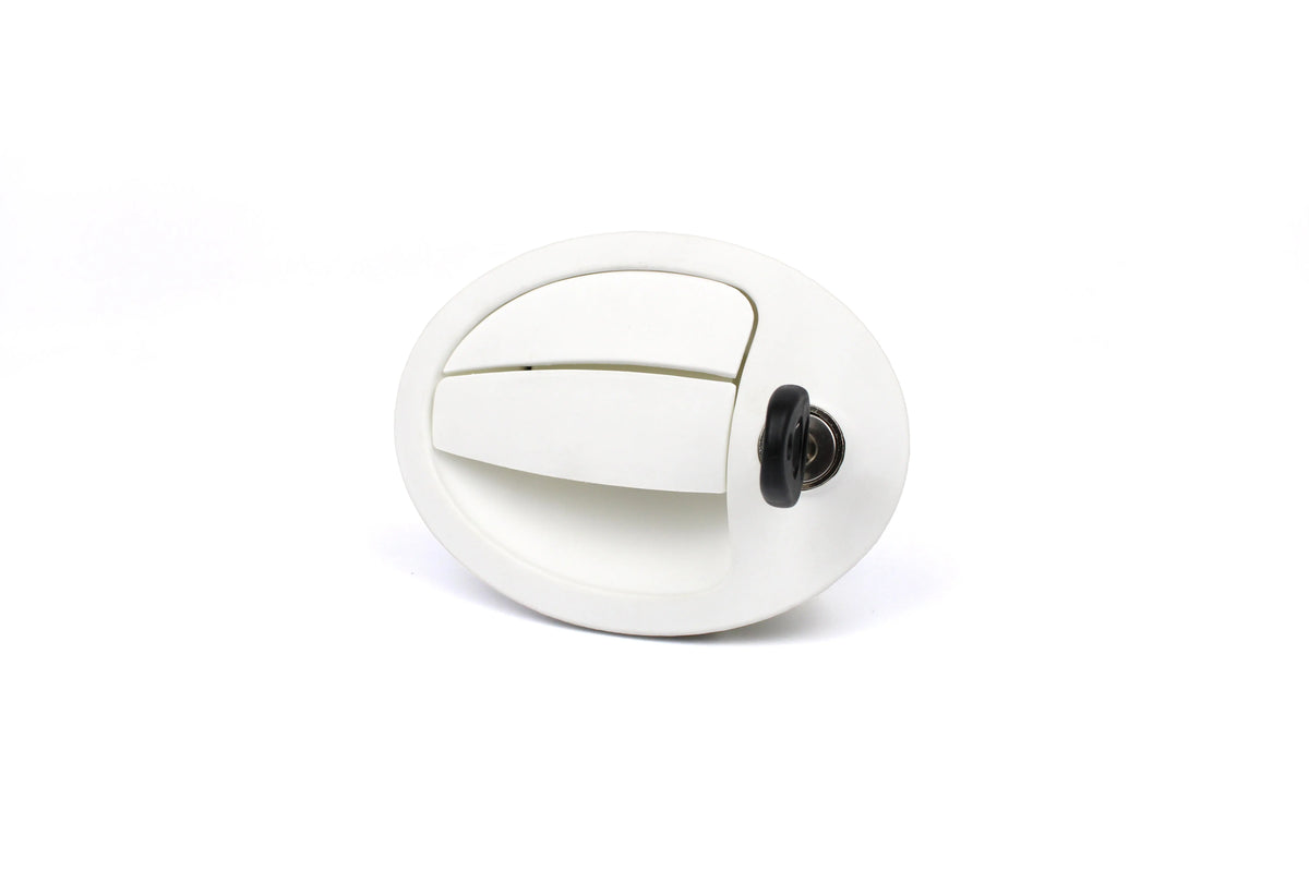White door lock with key on a white background