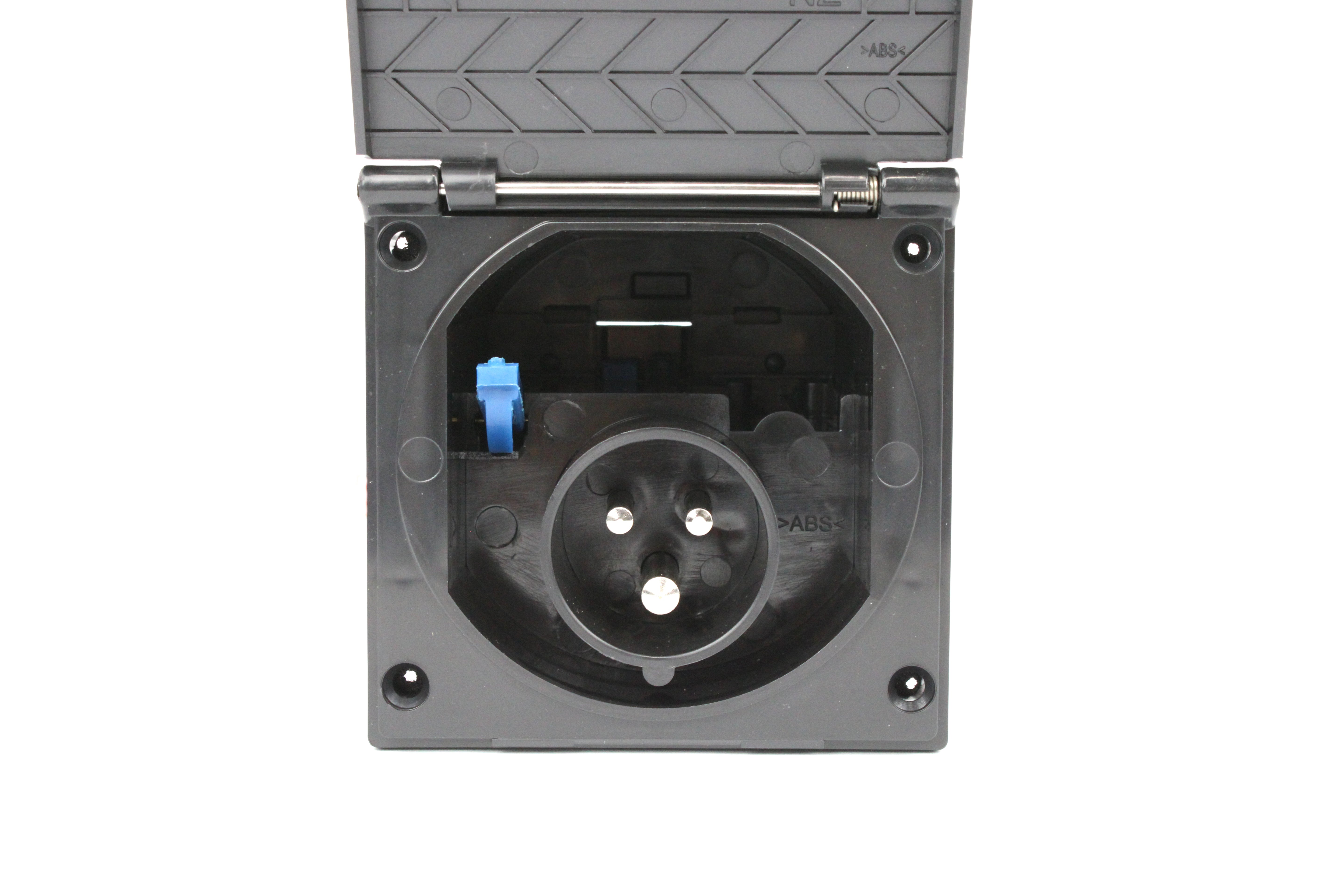 Black mains flush inlet on a white background