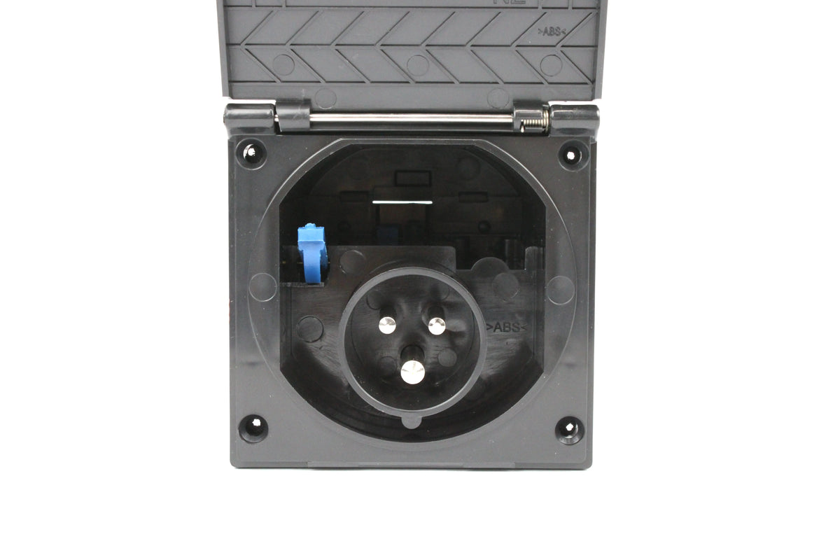 Black mains flush inlet on a white background