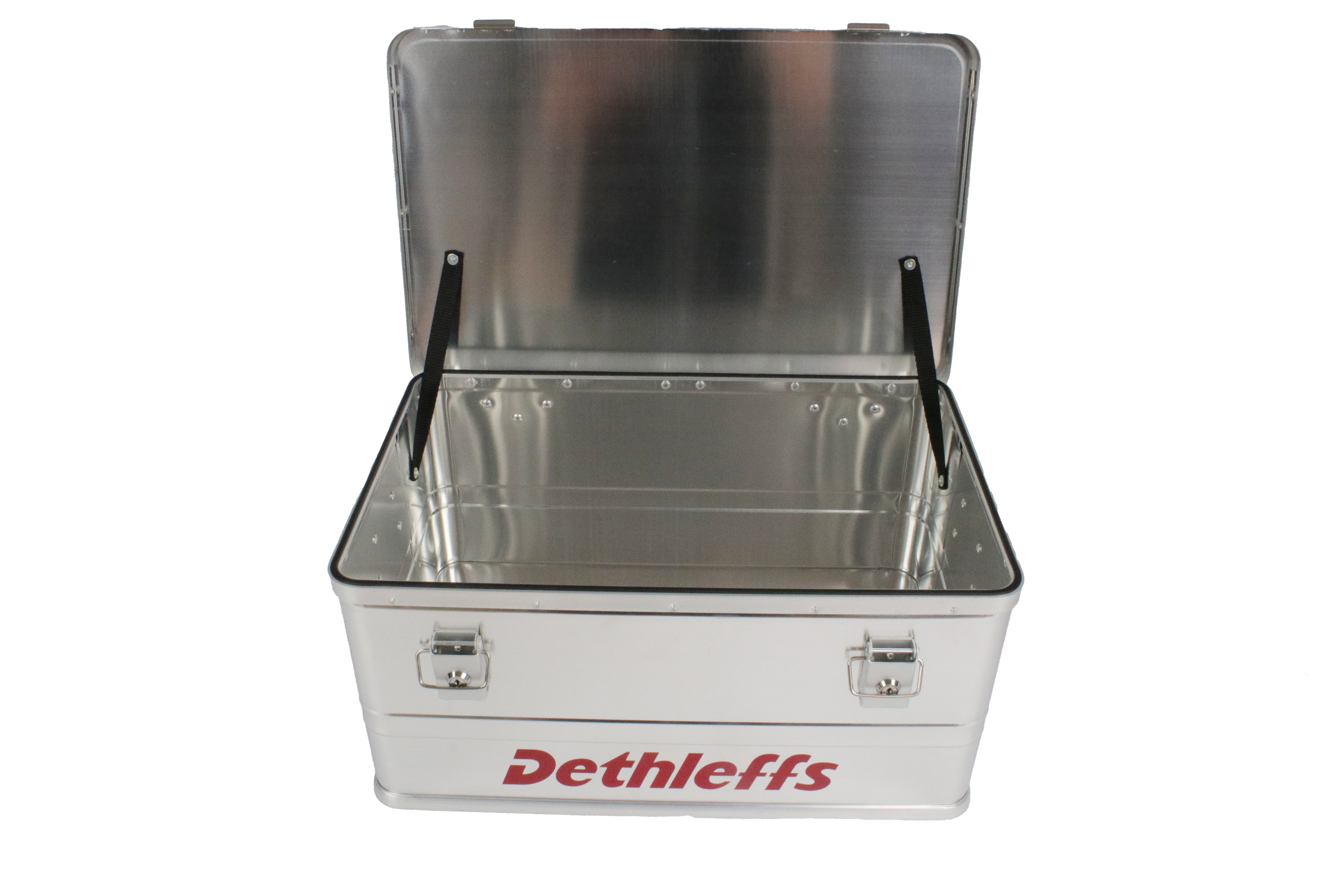 An aluminium Dethleffs motorhome storage box with branded stickers.