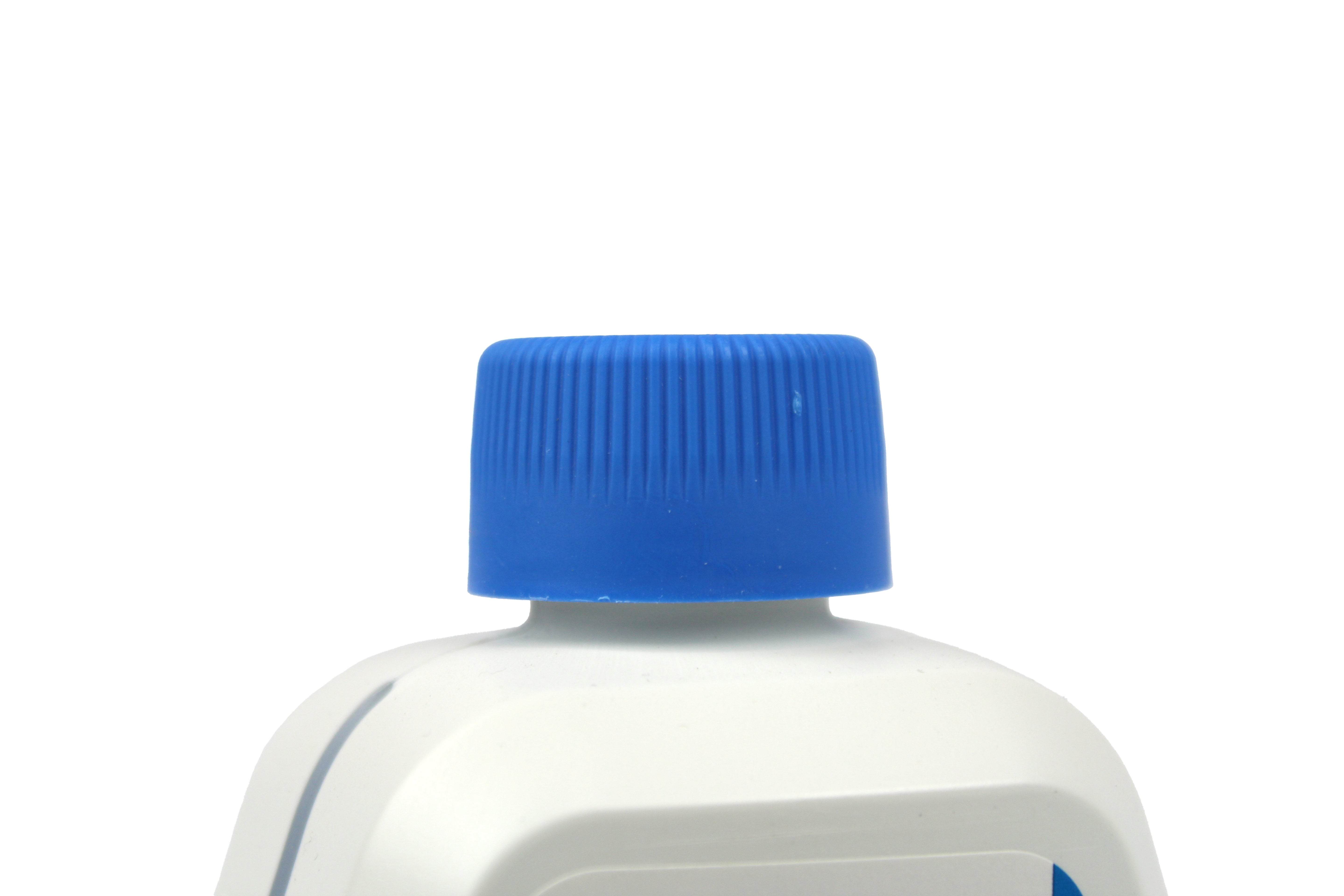 White bottle with a blue cap on a white background