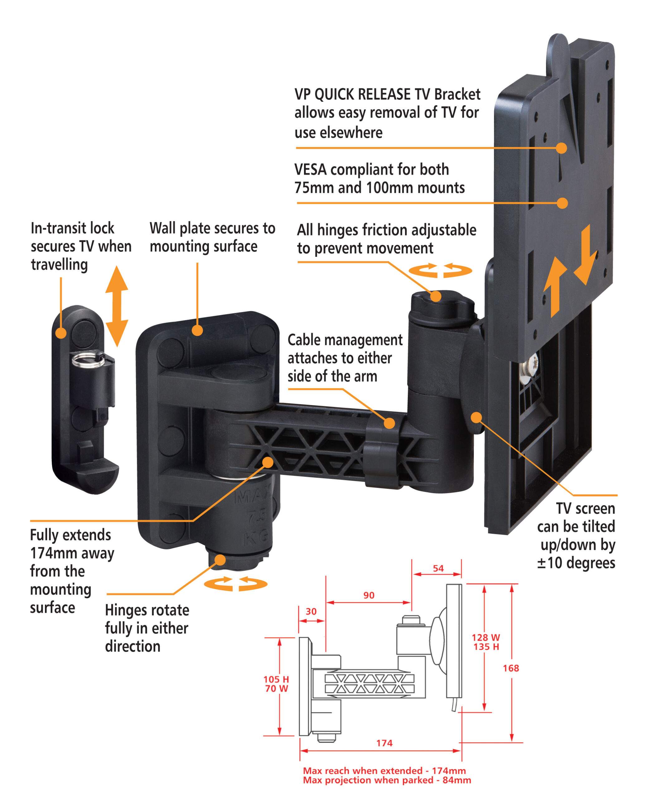 Vision Plus TV Wall Bracket - SINGLE Arm Quick Release