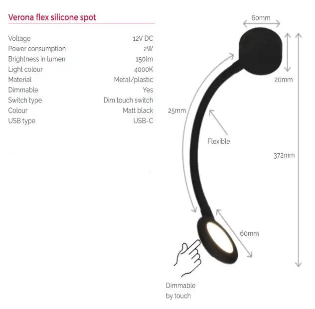 Verona FLEXI Dimable Spotlight with USB-C Socket Pennine Leisure Supplies