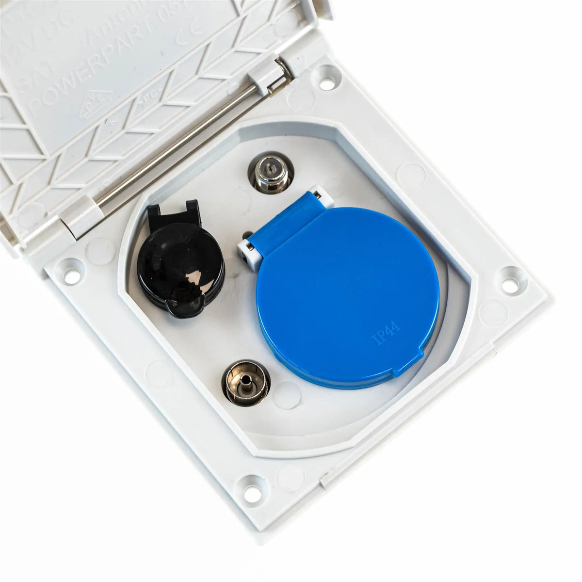 A white Dethleffs motorhome European multimedia socket.