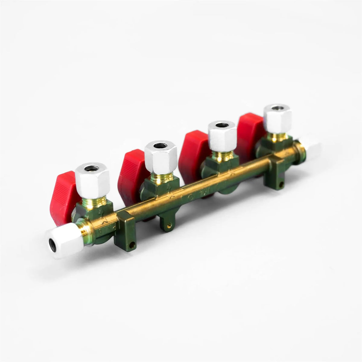 A red and white Dethleffs motorhome four-way Truma gas isolation valve.