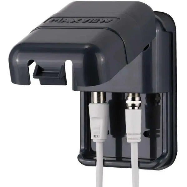 Maxview outdoor electrical junction box with cables on a white background
