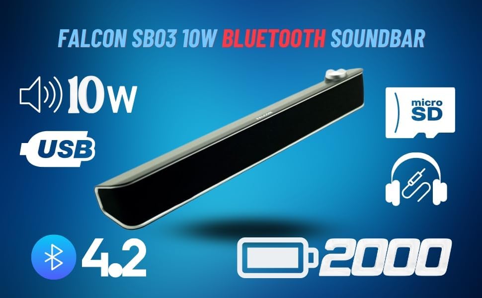 Falcon 10 Watt Soundbar High Quality Sound with Audio In, Bluetooth and Micro-SD