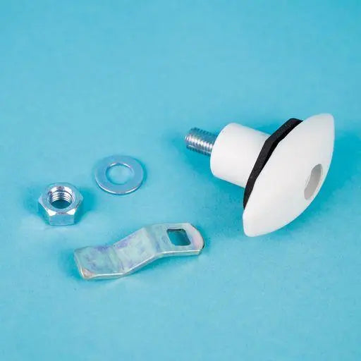 A white Dethleffs motorhome locker door lock with steel fittings next to it.