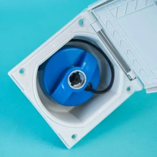 A white Dethleffs motorhome water inlet.