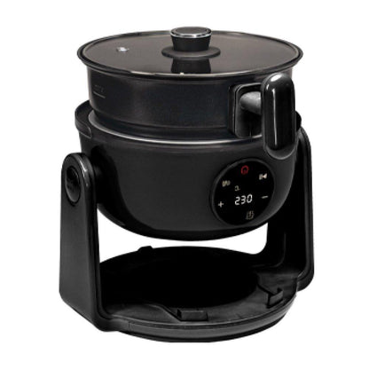 A black air fryer and hob.