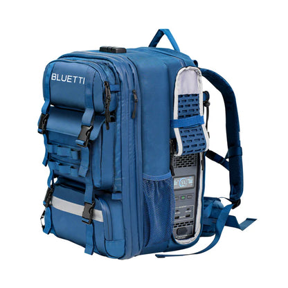 Blue backpack with BLUETTI 1  inside on a white background