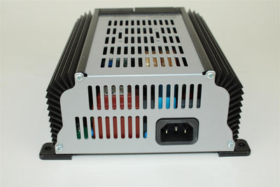 A black Nordelettronica NE287 battery charger for Roller Team motorhomes.