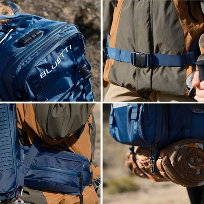 Collage of a person wearing a blue backpack with 'BLUETTI' branding, set against a natural outdoor background.