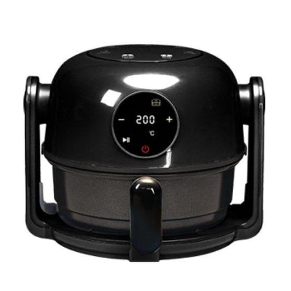 A black air fryer and hob.