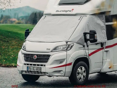 A Sunlight motorhome with a windscreen cover.