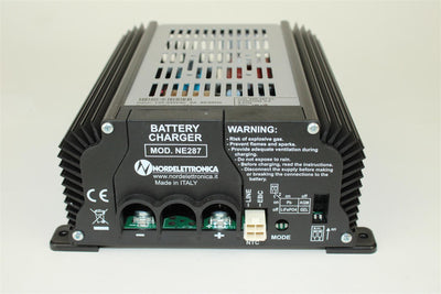 A black Nordelettronica NE287 battery charger for Roller Team motorhomes.