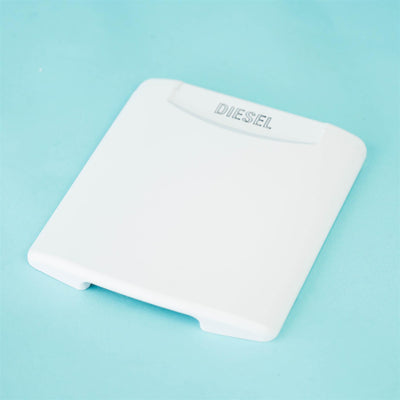 A white Dethleffs motorhome fuel cap cover.