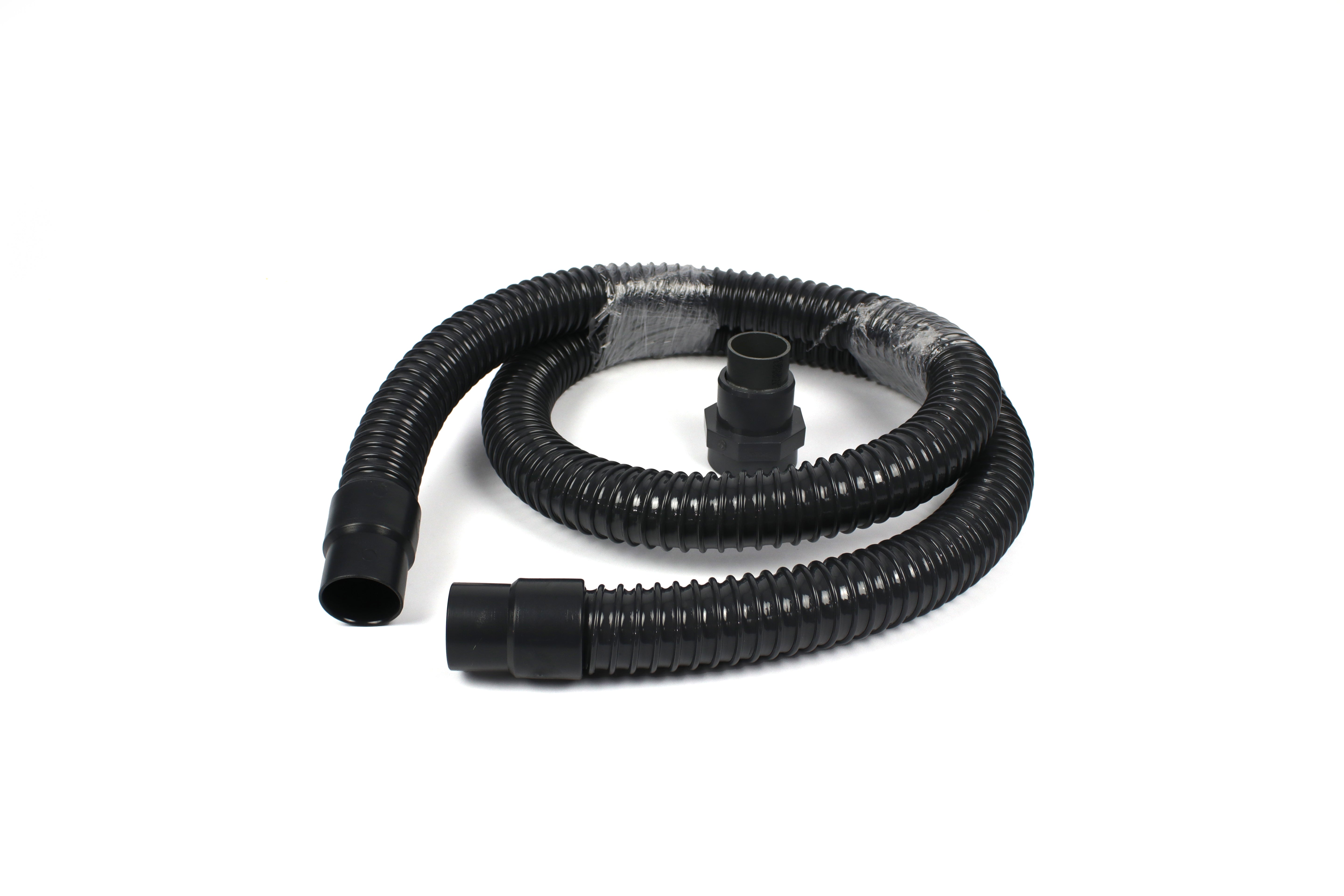 A black Dethleffs motorhome wastewater hose.