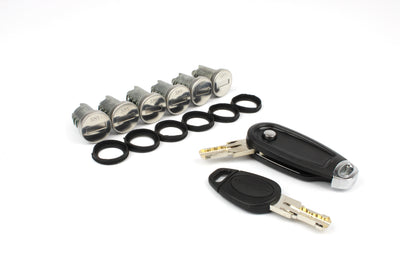 An Elddis motorhome barrel and key set with six barrels and two keys.