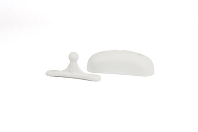 A white Roller Team motorhome ball type external door retainer.