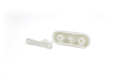 A white Roller Team motorhome ball type external door retainer.