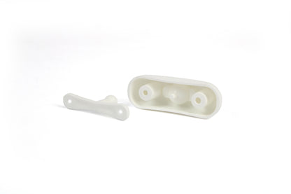 A white Roller Team motorhome ball type external door retainer.